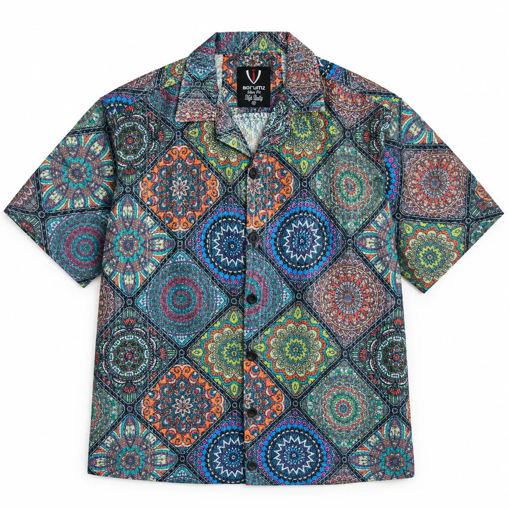 Crochet-Inspired Geometric Print Cuban Collar Shirt