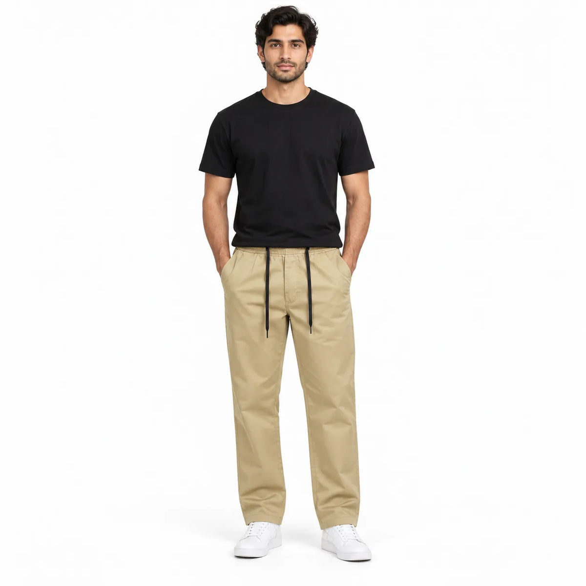 Beige Semi-Baggy Straight-Leg Drawstring Trousers | Relaxed Fit Casual Pants