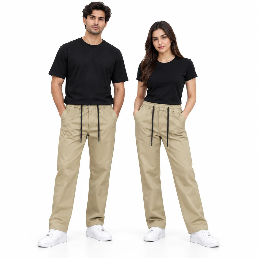 Beige Semi-Baggy Straight-Leg Drawstring Trousers | Relaxed Fit Casual Pants