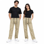 Beige Semi-Baggy Straight-Leg Drawstring Trousers | Relaxed Fit Casual Pants