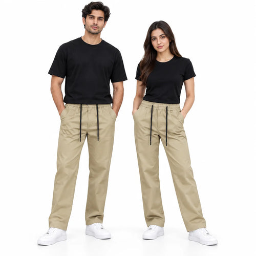 Beige Semi-Baggy Straight-Leg Drawstring Trousers | Relaxed Fit Casual Pants