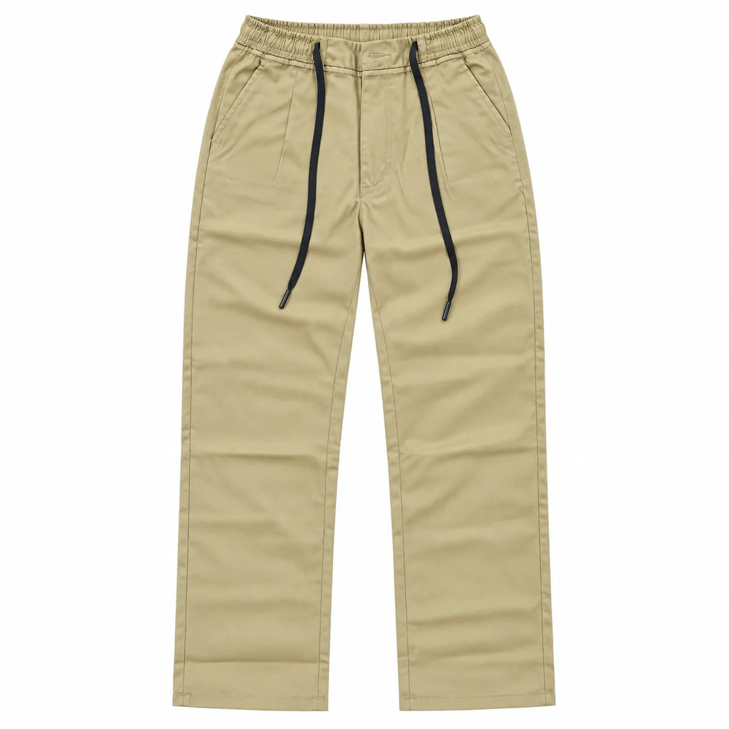 Beige Semi-Baggy Straight-Leg Drawstring Trousers | Relaxed Fit Casual Pants