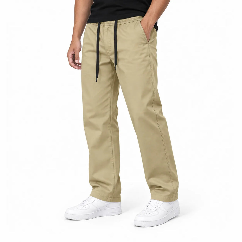 Beige Semi-Baggy Straight-Leg Drawstring Trousers | Relaxed Fit Casual Pants