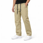 Beige Semi-Baggy Straight-Leg Drawstring Trousers | Relaxed Fit Casual Pants