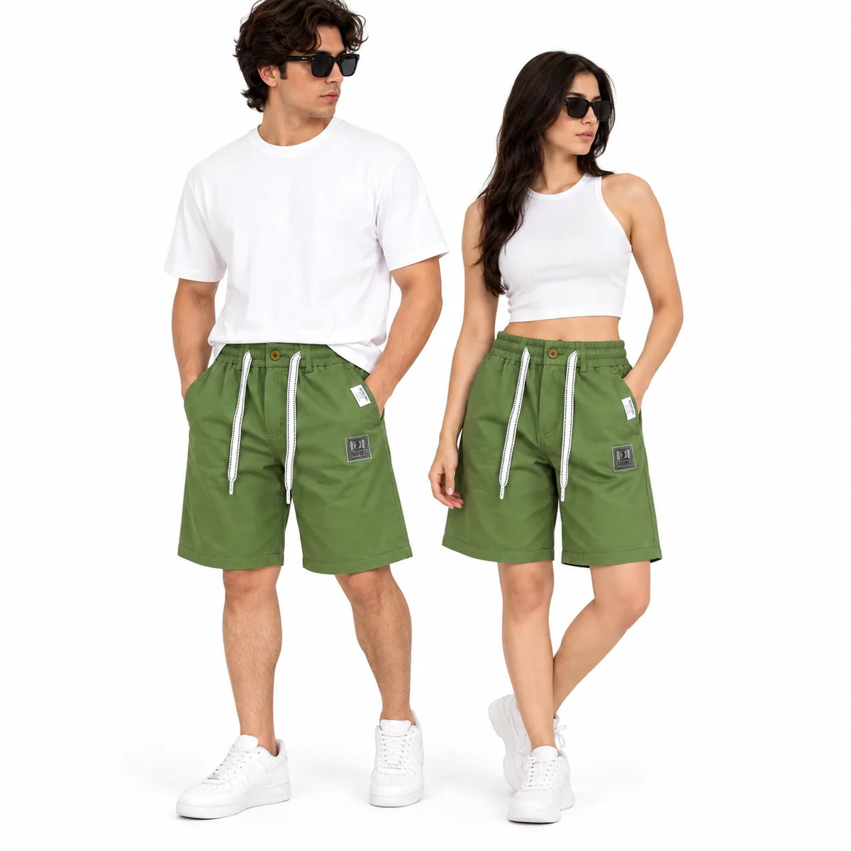 Cotton Twill Drawstring Shorts - Olive Green