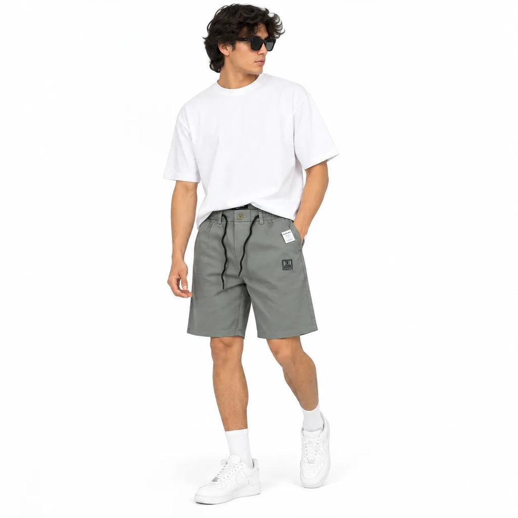 Cotton Twill Drawstring Shorts - Stone Grey