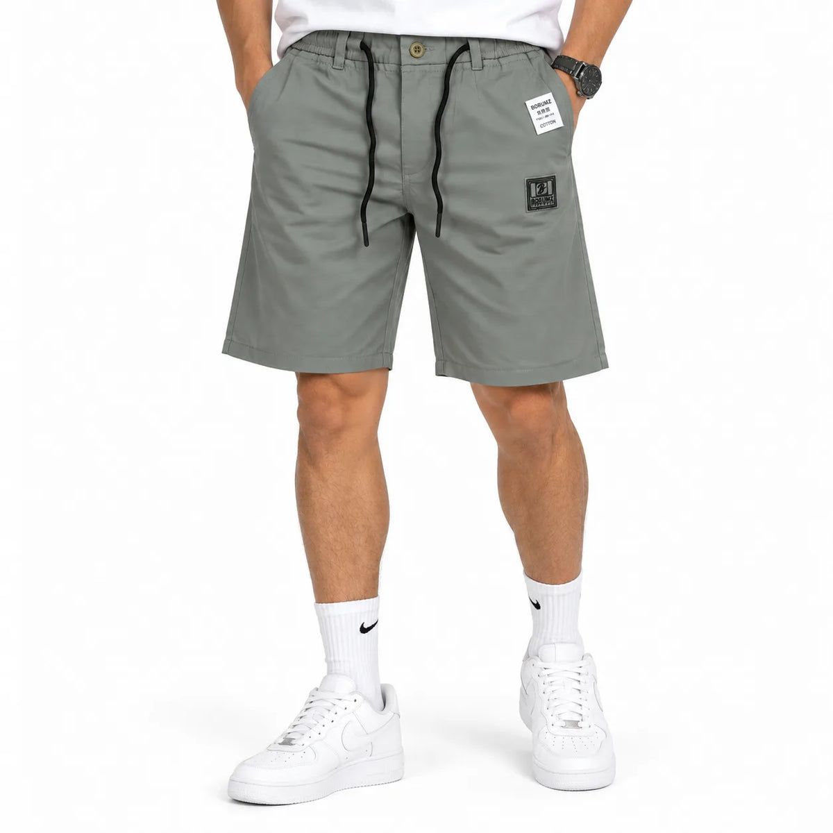 Cotton Twill Drawstring Shorts - Stone Grey