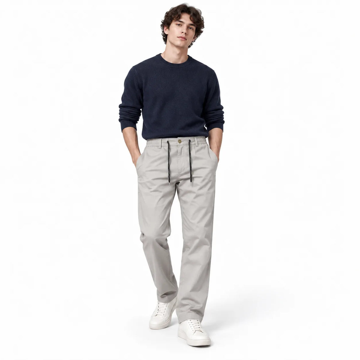 Light Stone Drawstring Cotton Trousers - Pants - Semi-Baggy