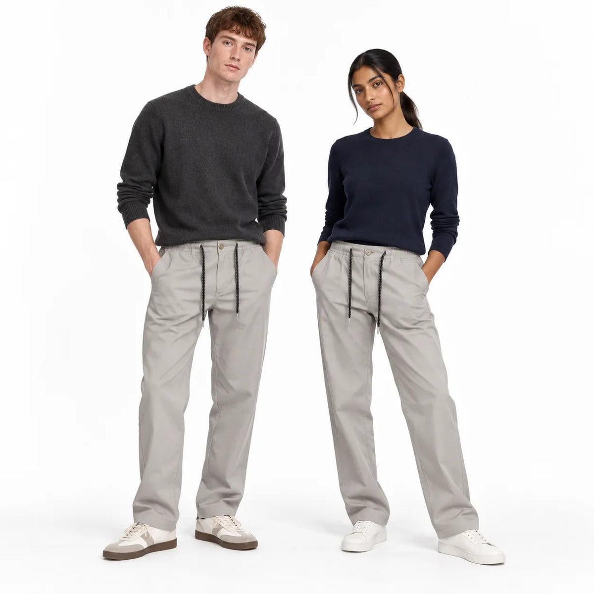 Light Stone Drawstring Cotton Trousers - Pants - Semi-Baggy