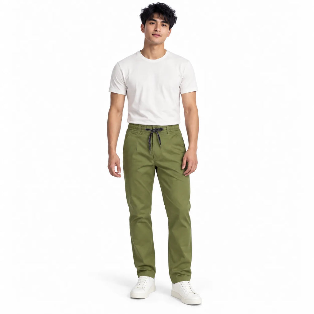 Olive Green Drawstring Cotton Trousers - Pants - Semi-Baggy