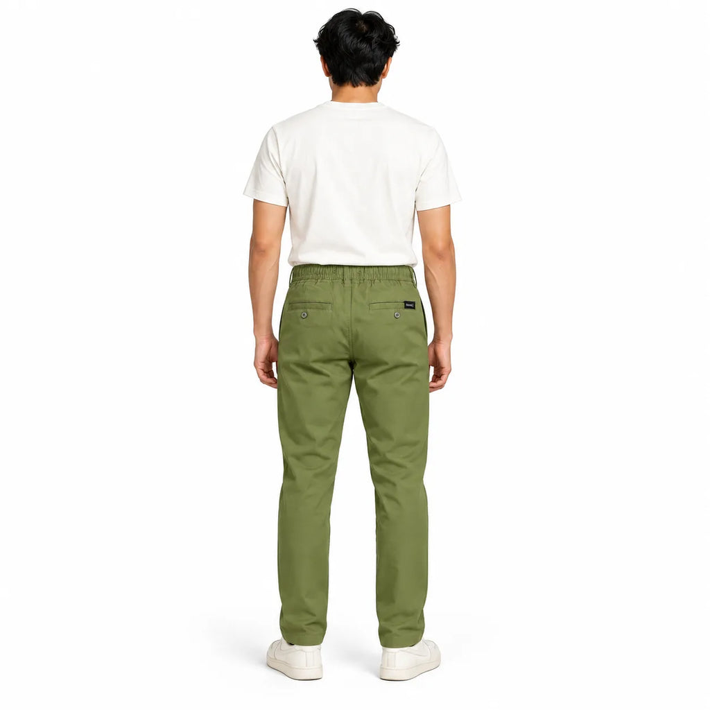 Olive Green Drawstring Cotton Trousers - Pants - Semi-Baggy
