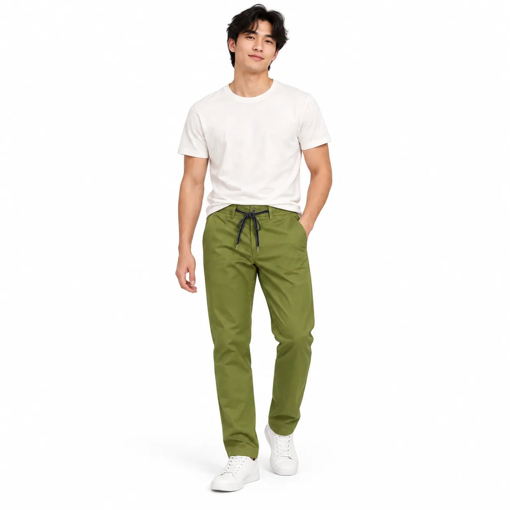 Olive Green Drawstring Cotton Trousers - Pants - Semi-Baggy