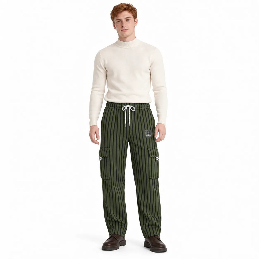 Dark Olive & Black Striped Cargo Joggers - Cotton Trousers