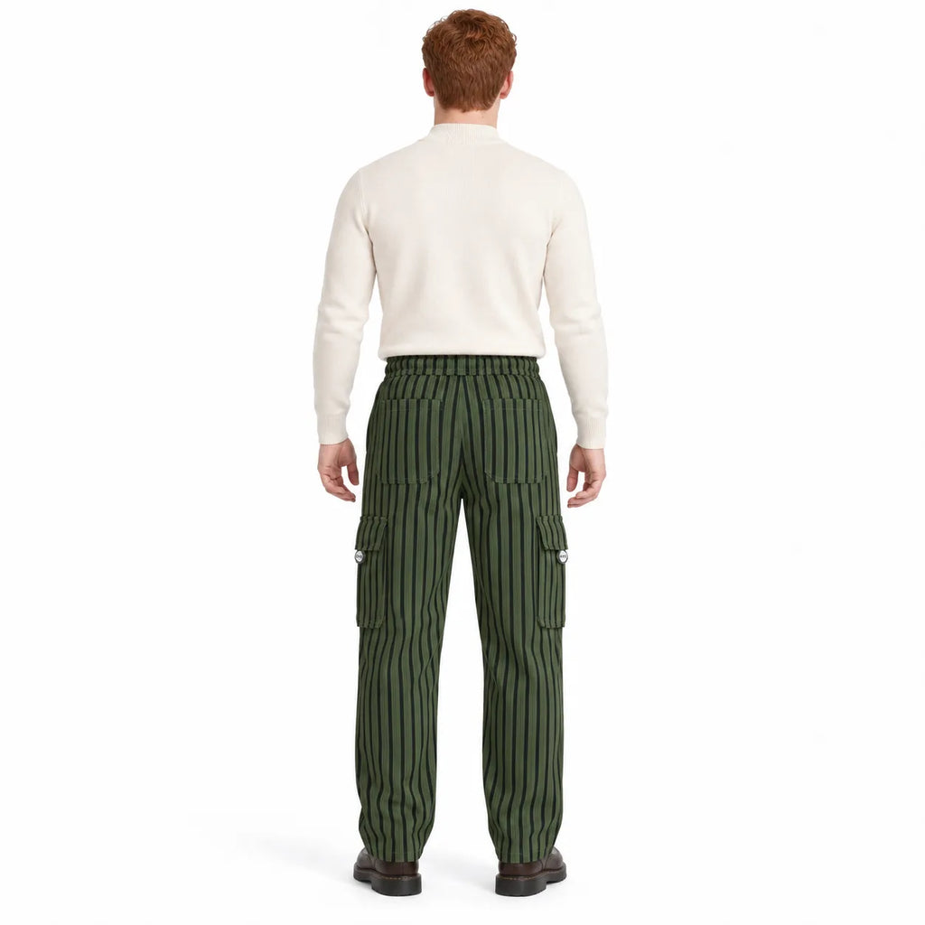 Dark Olive & Black Striped Cargo Joggers - Cotton Trousers