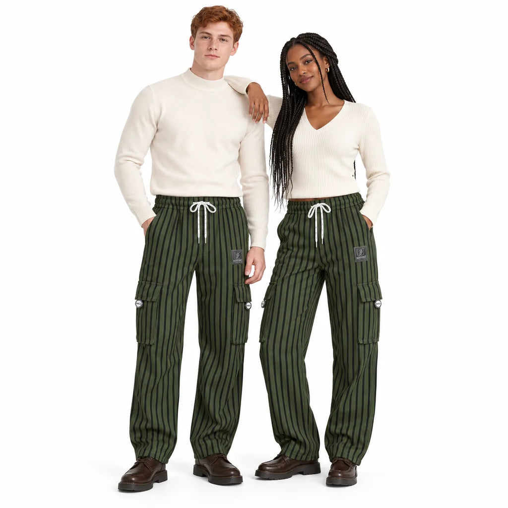 Dark Olive & Black Striped Cargo Joggers - Cotton Trousers