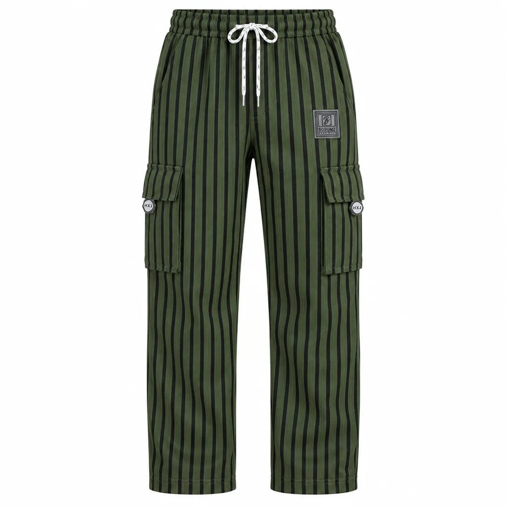Dark Olive & Black Striped Cargo Joggers - Cotton Trousers