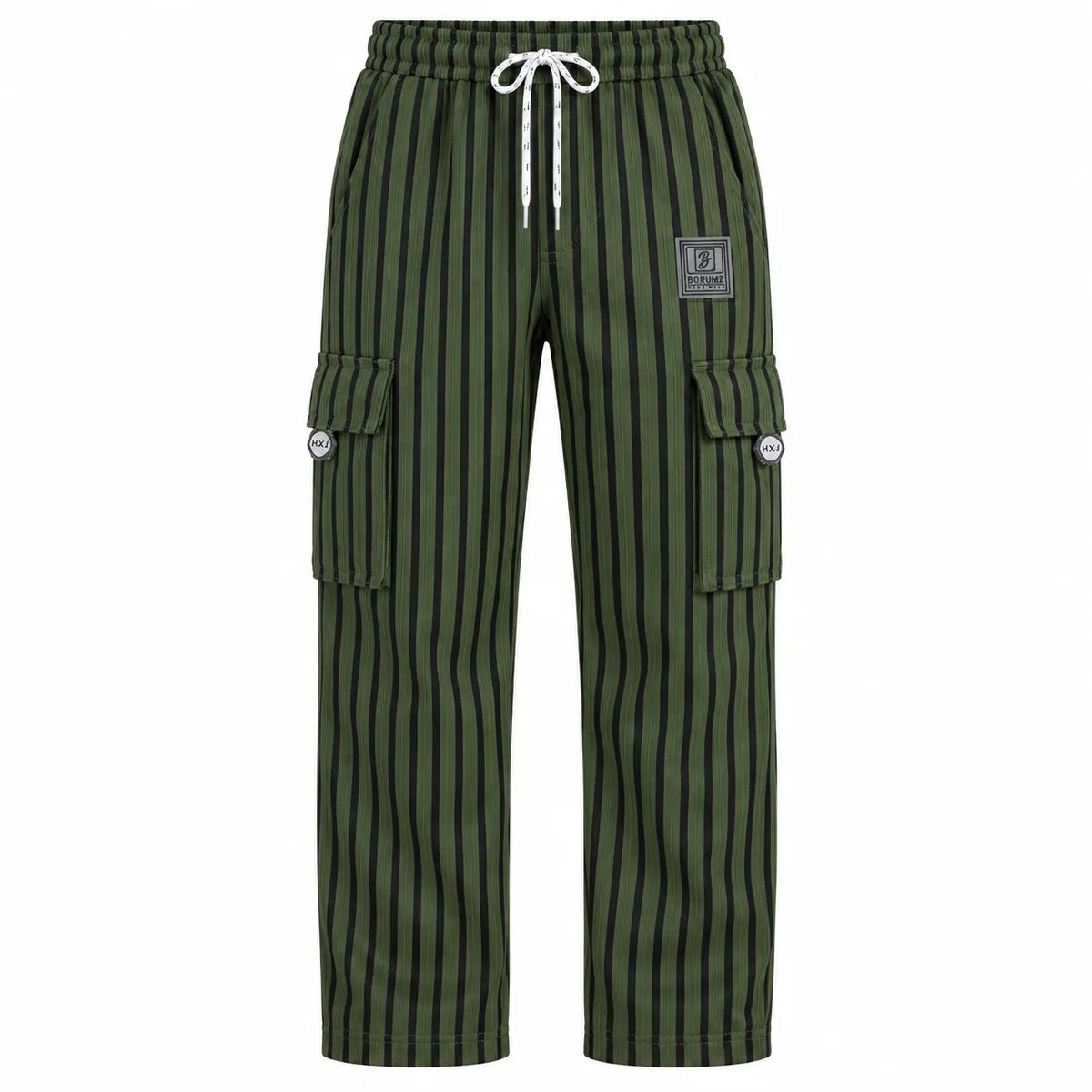 Dark Olive & Black Striped Cargo Joggers - Cotton Trousers