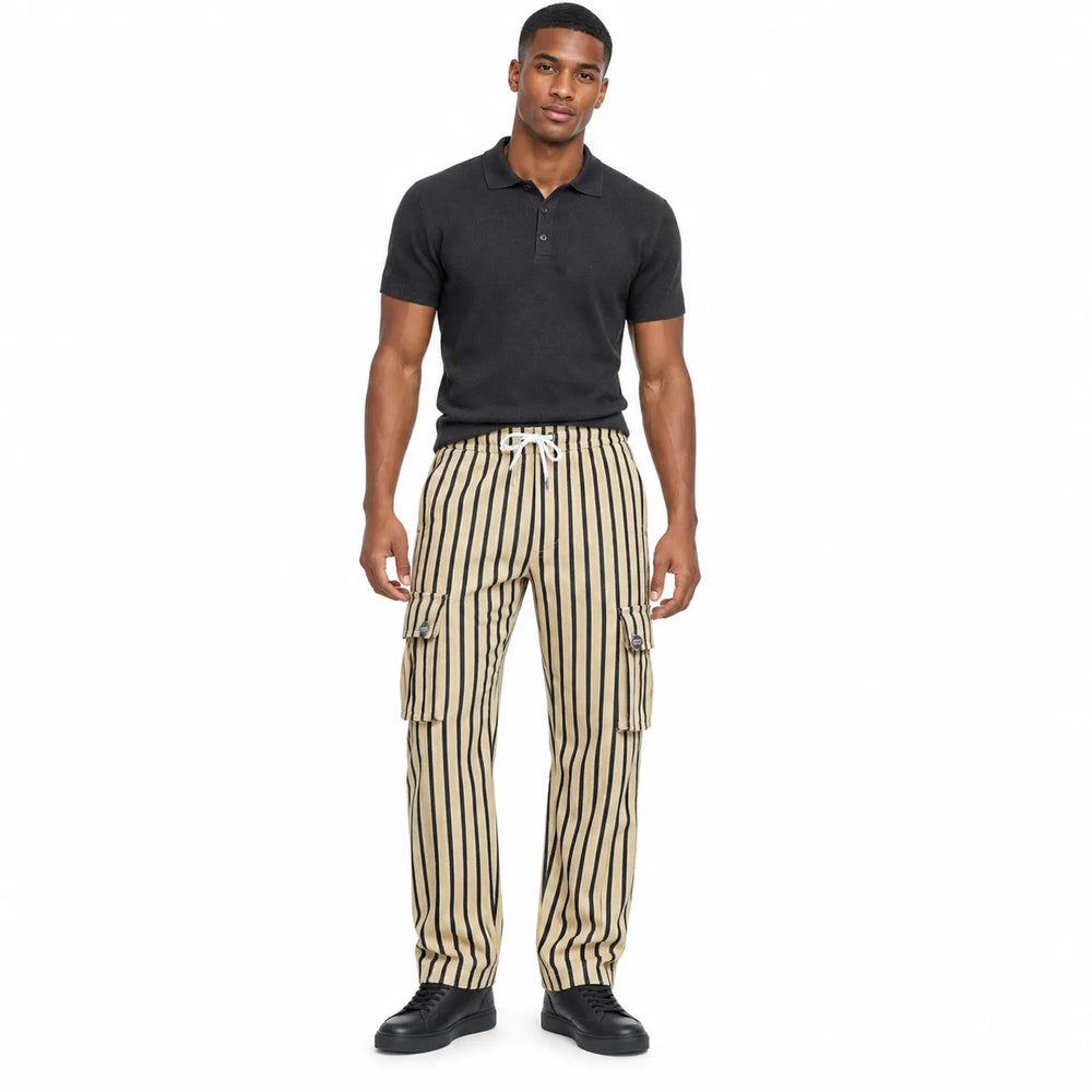 Dark Olive & Black Striped Cargo Joggers - Cotton Trousers