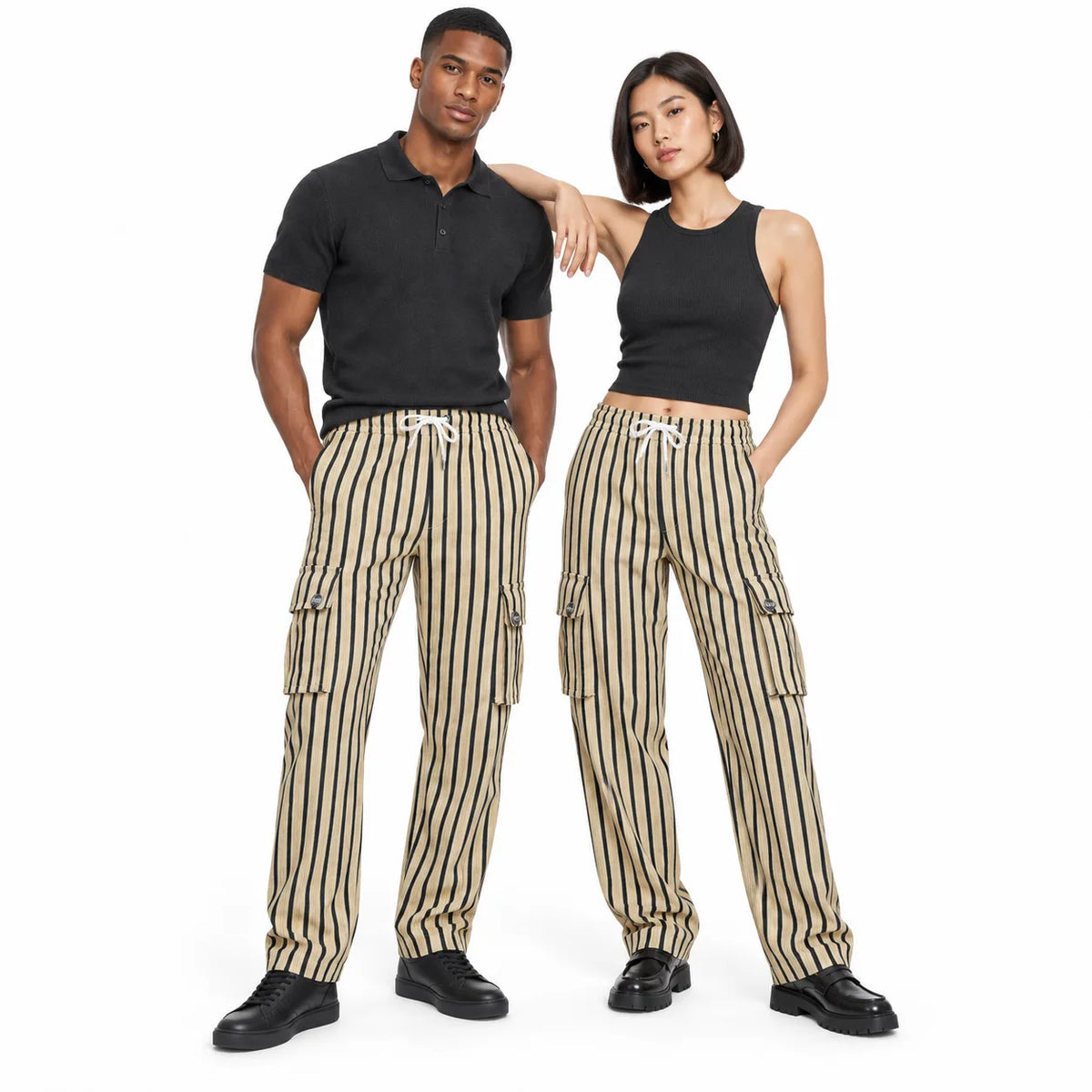 Dark Olive & Black Striped Cargo Joggers - Cotton Trousers