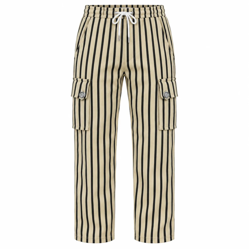 Dark Olive & Black Striped Cargo Joggers - Cotton Trousers