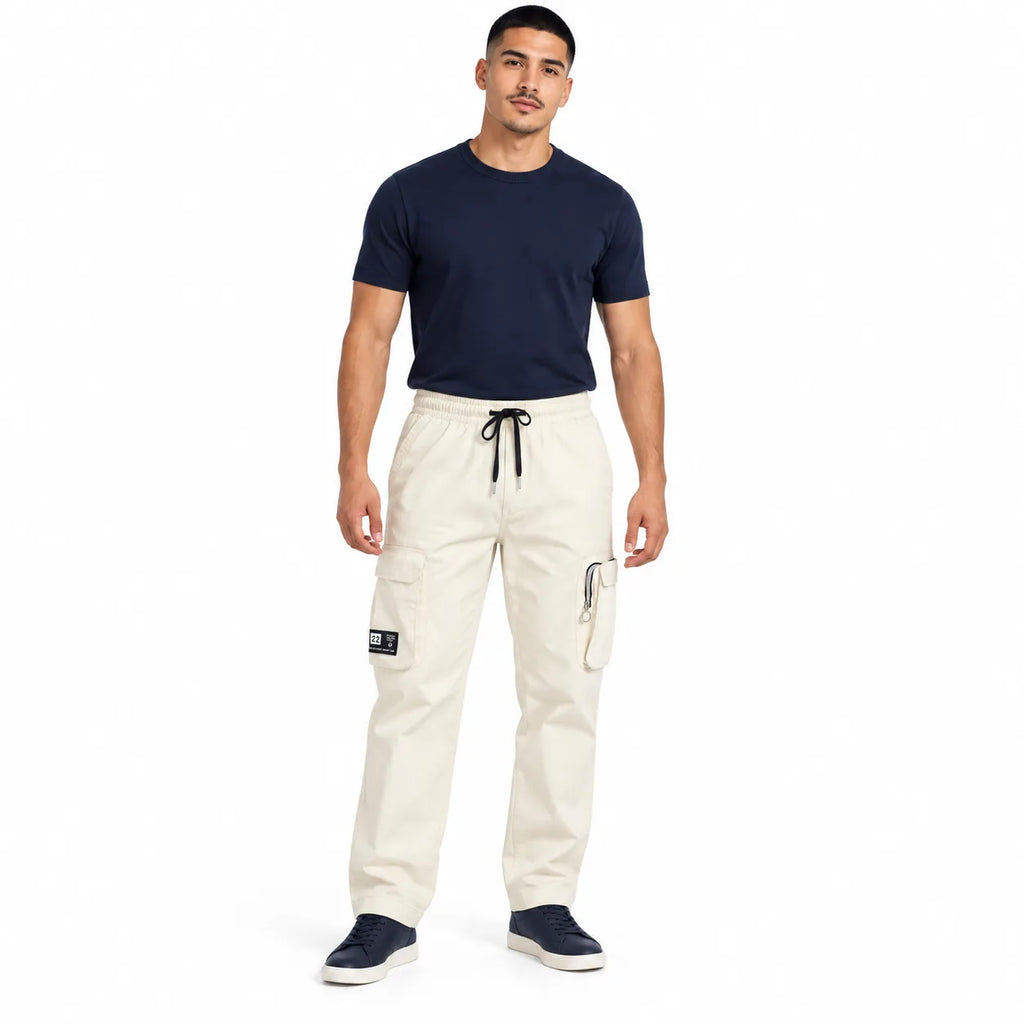 Off White Cotton Cargo Pants - Regular Fit Utility Trousers