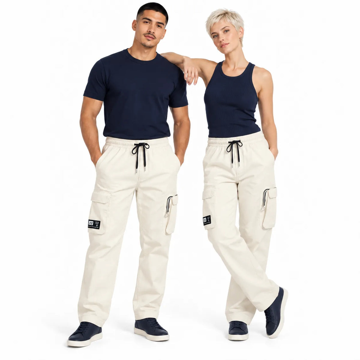 Off White Cotton Cargo Pants - Regular Fit Utility Trousers