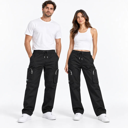 Black Cotton Cargo Pants - Regular Fit Utility Trousers