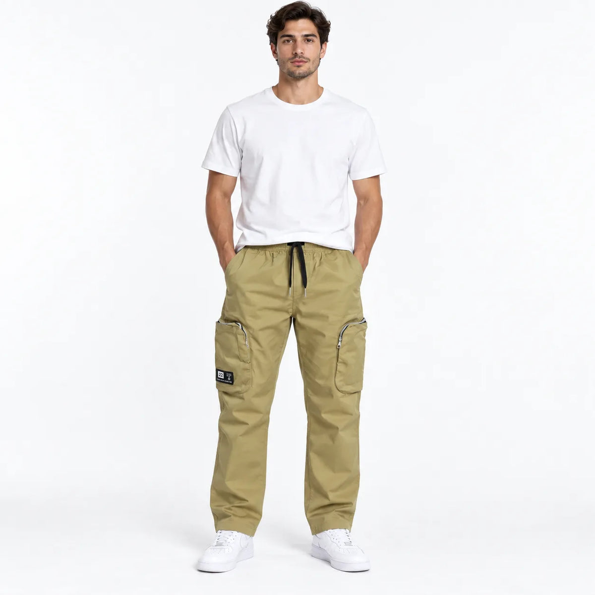 Khaki Cotton Cargo Pants - Regular Fit Utility Trousers