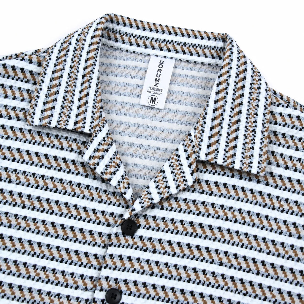 White & brown Geometric Textured Boxy Fit Shirt