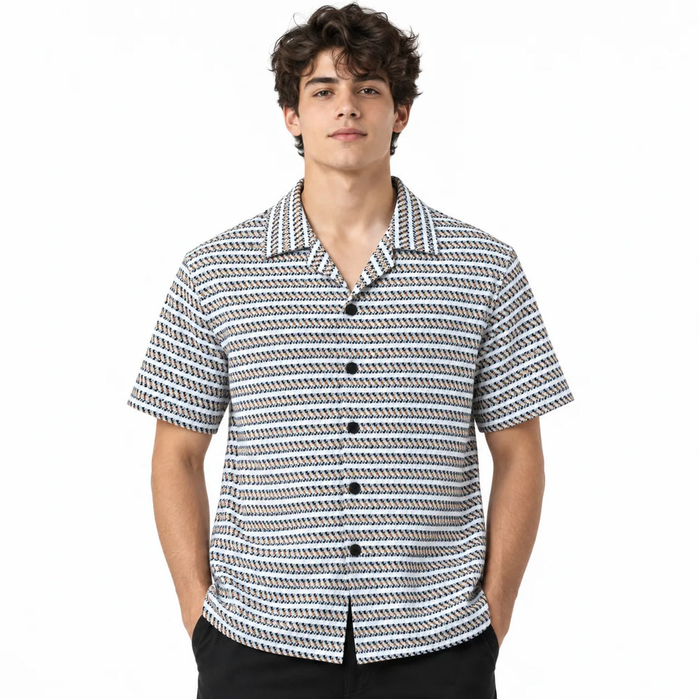 White & brown Geometric Textured Boxy Fit Shirt