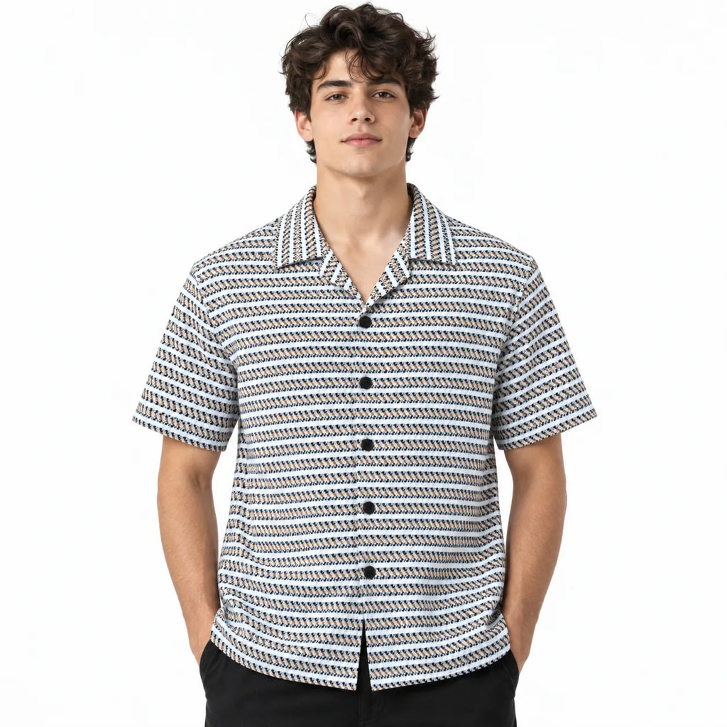 White & brown Geometric Textured Boxy Fit Shirt