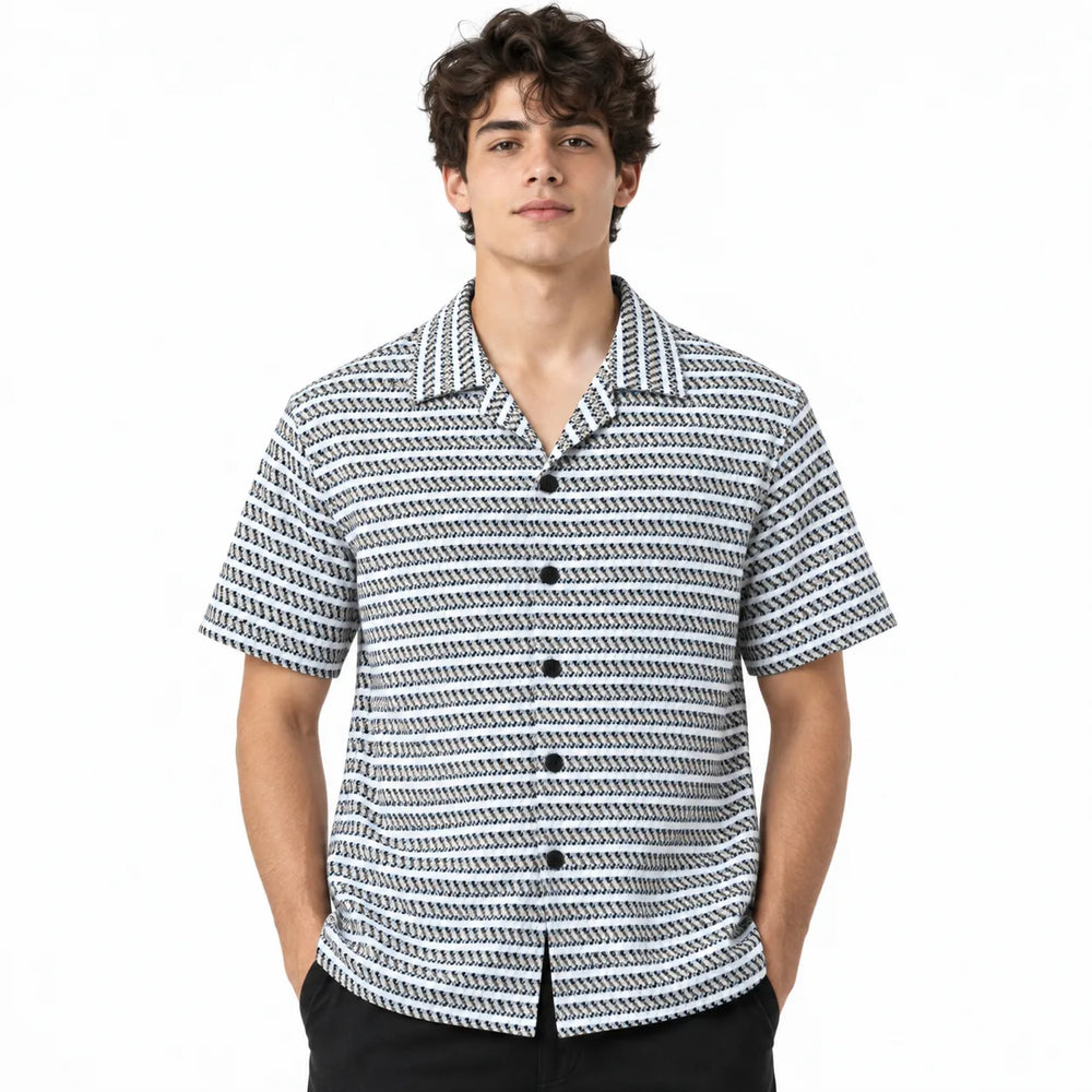 White & Grey Geometric Textured Boxy Fit Shirt
