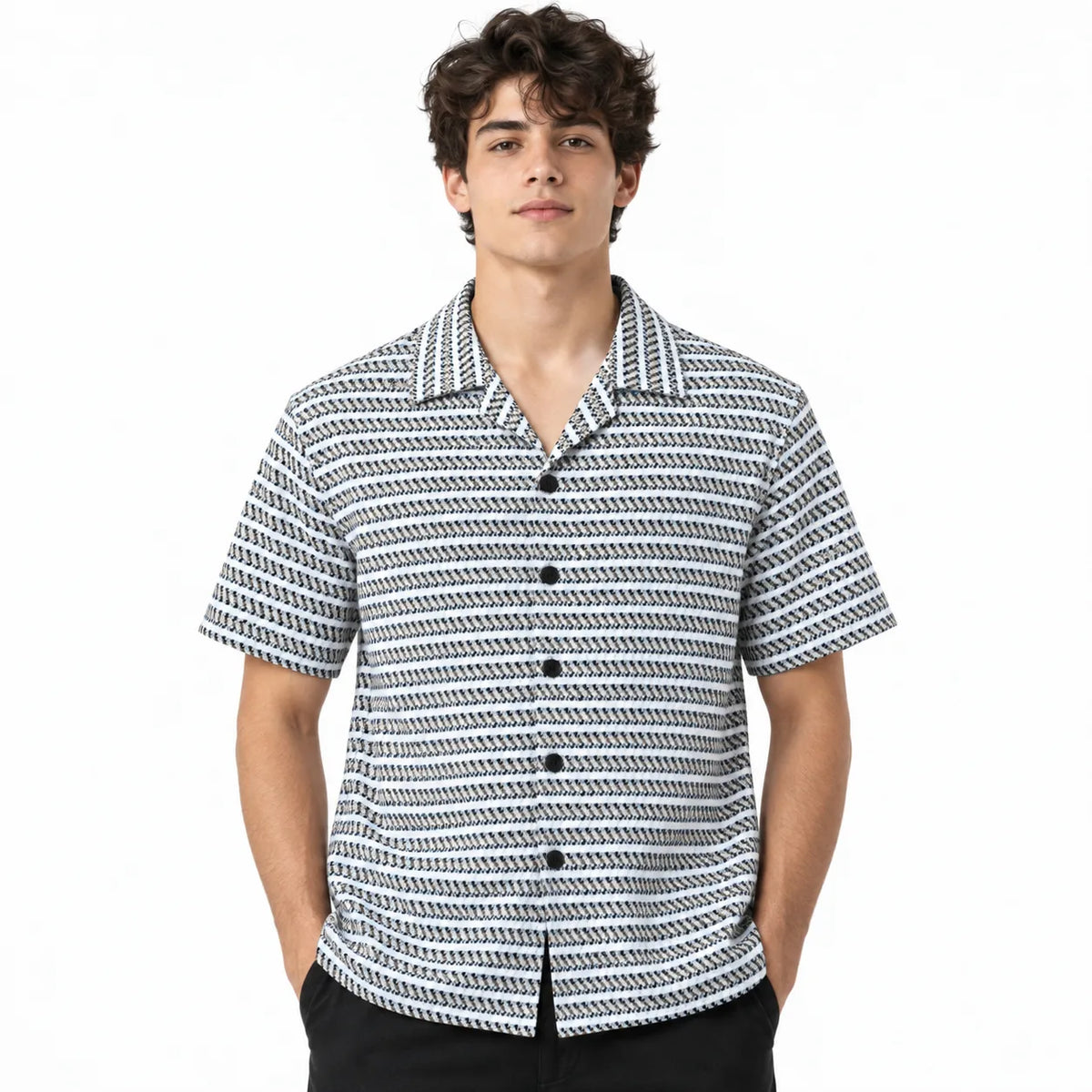 White & Grey Geometric Textured Boxy Fit Shirt