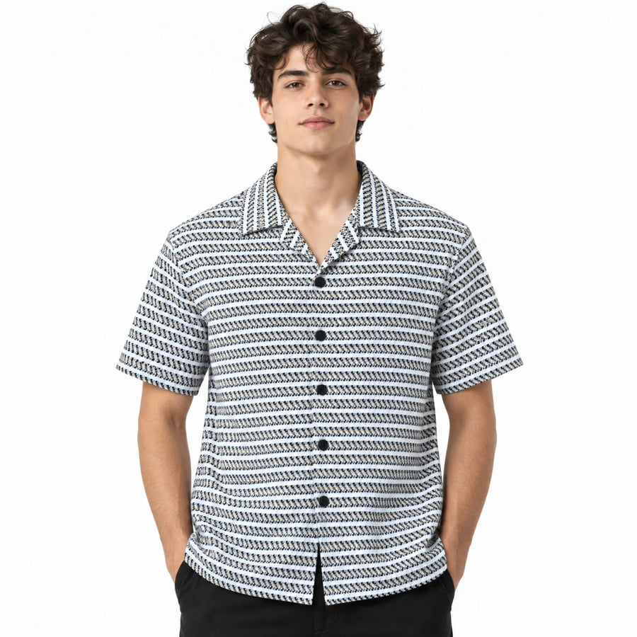 White & Grey Geometric Textured Boxy Fit Shirt