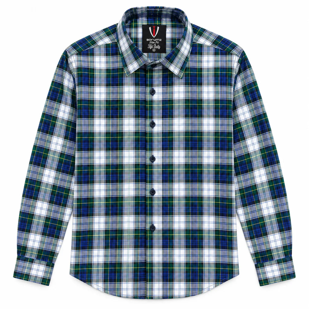 Green & Blue Plaid Check Slim Fit Long Sleeve Shirt