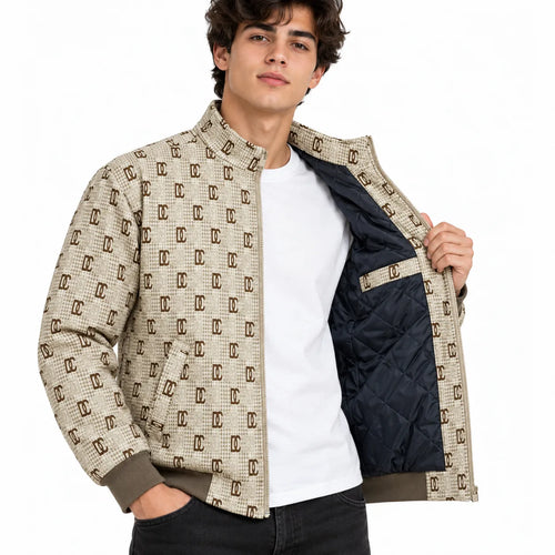 Beige & Brown GG Monogram Jacquard Knit Zip-Up Jacket