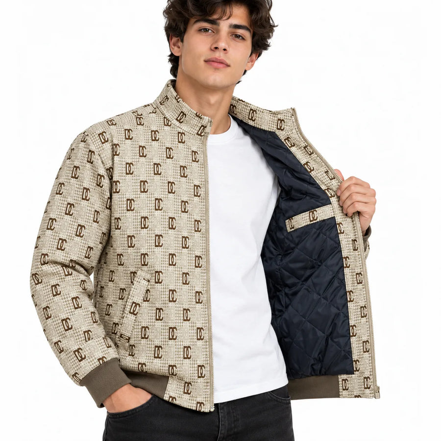 Beige & Brown GG Monogram Jacquard Knit Zip-Up Jacket