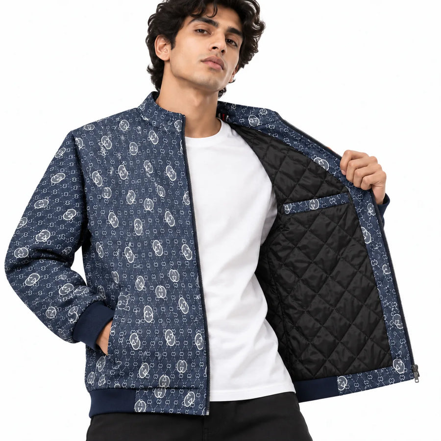 Navy Blue & White GG Monogram Jacquard Knit Zip-Up Jacket
