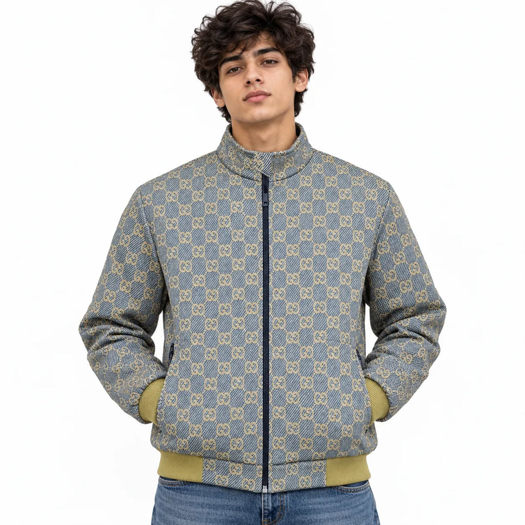 Grey & Beige GG Monogram Jacquard Knit Zip-Up Jacket