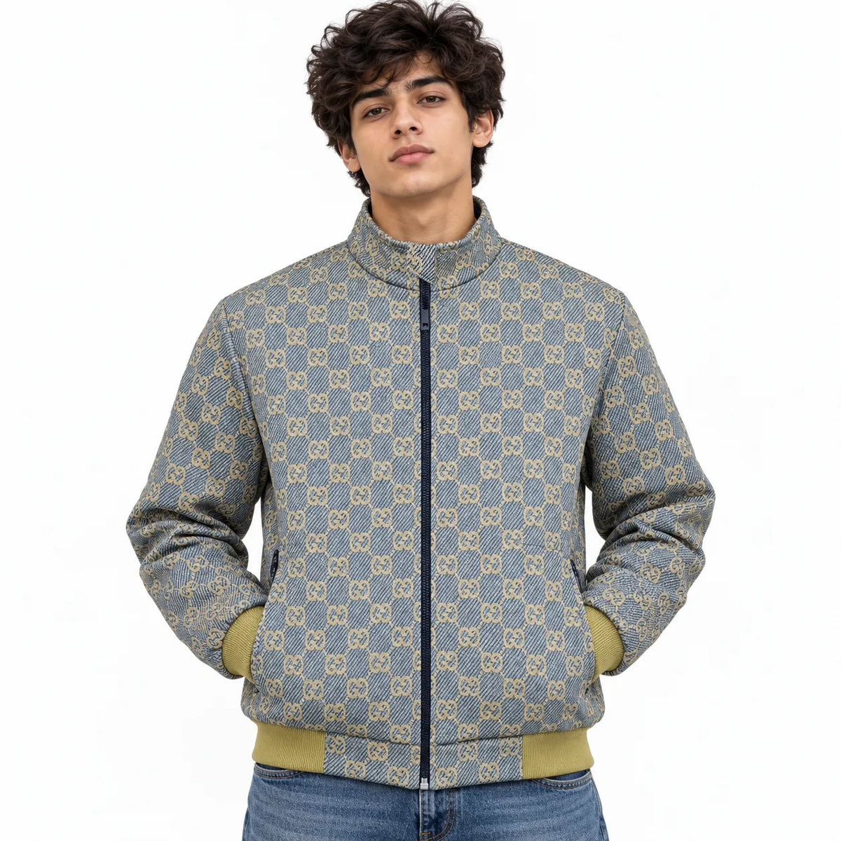 Grey & Beige GG Monogram Jacquard Knit Zip-Up Jacket