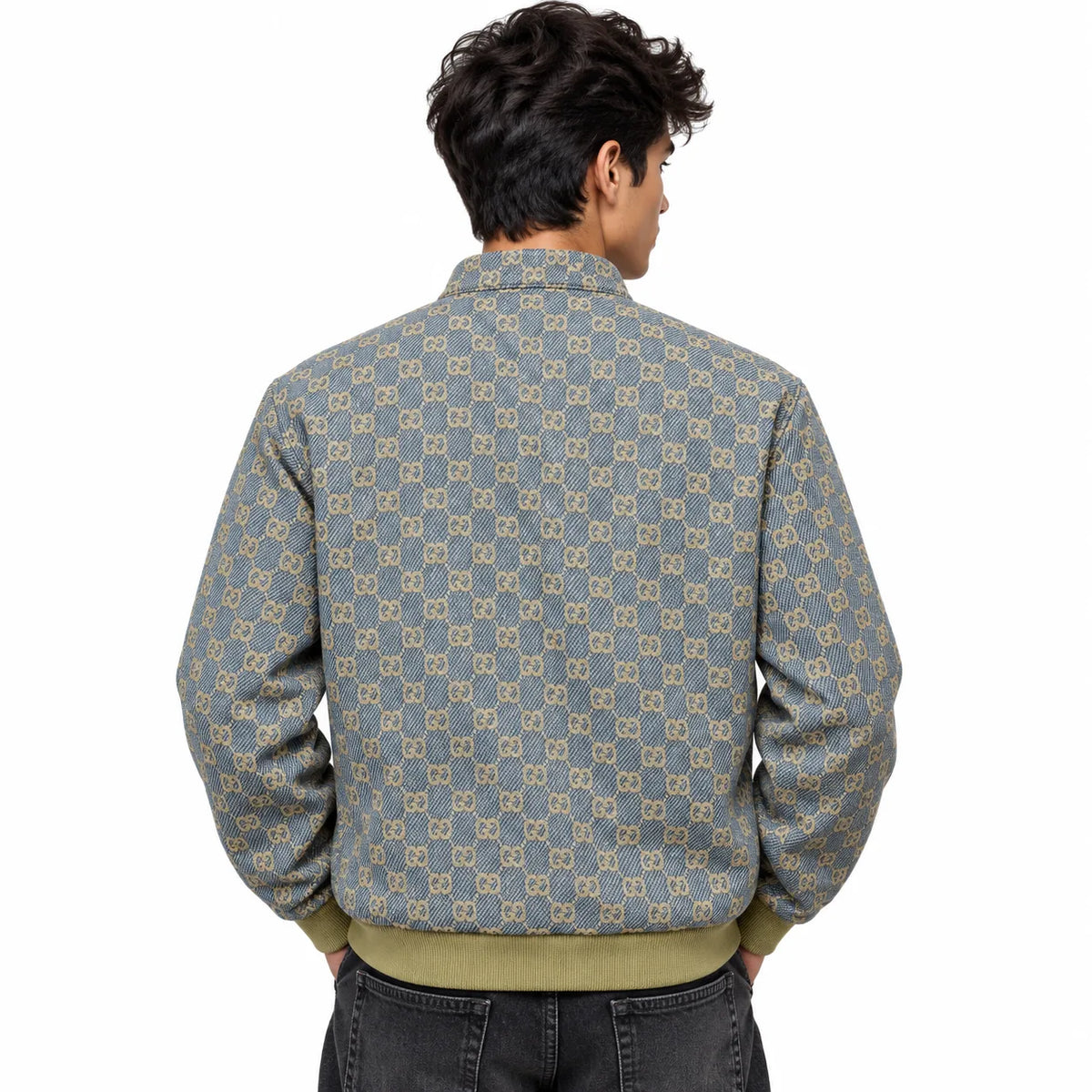 Grey & Beige GG Monogram Jacquard Knit Zip-Up Jacket