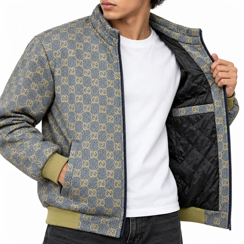 Grey & Beige GG Monogram Jacquard Knit Zip-Up Jacket