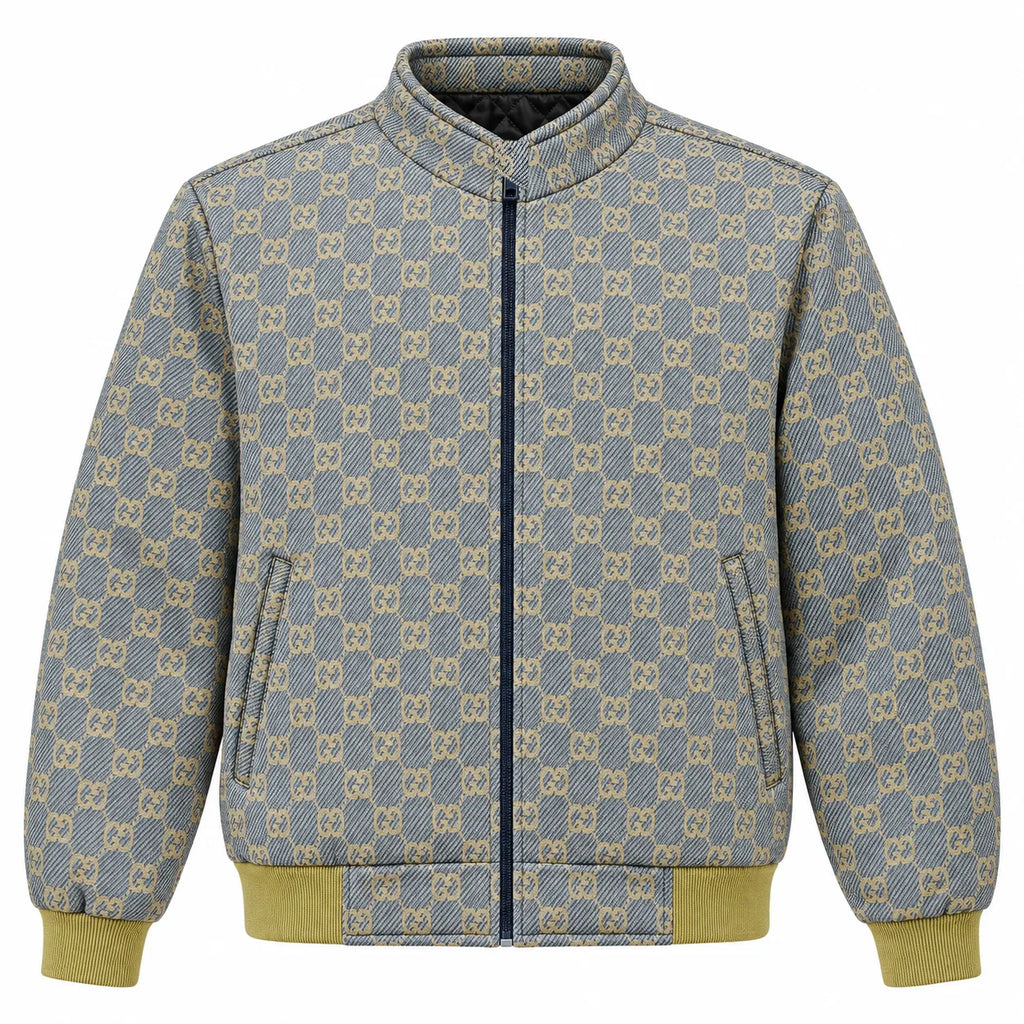 Grey & Beige GG Monogram Jacquard Knit Zip-Up Jacket