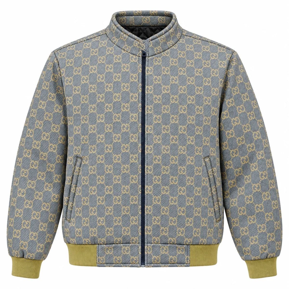 Grey & Beige GG Monogram Jacquard Knit Zip-Up Jacket