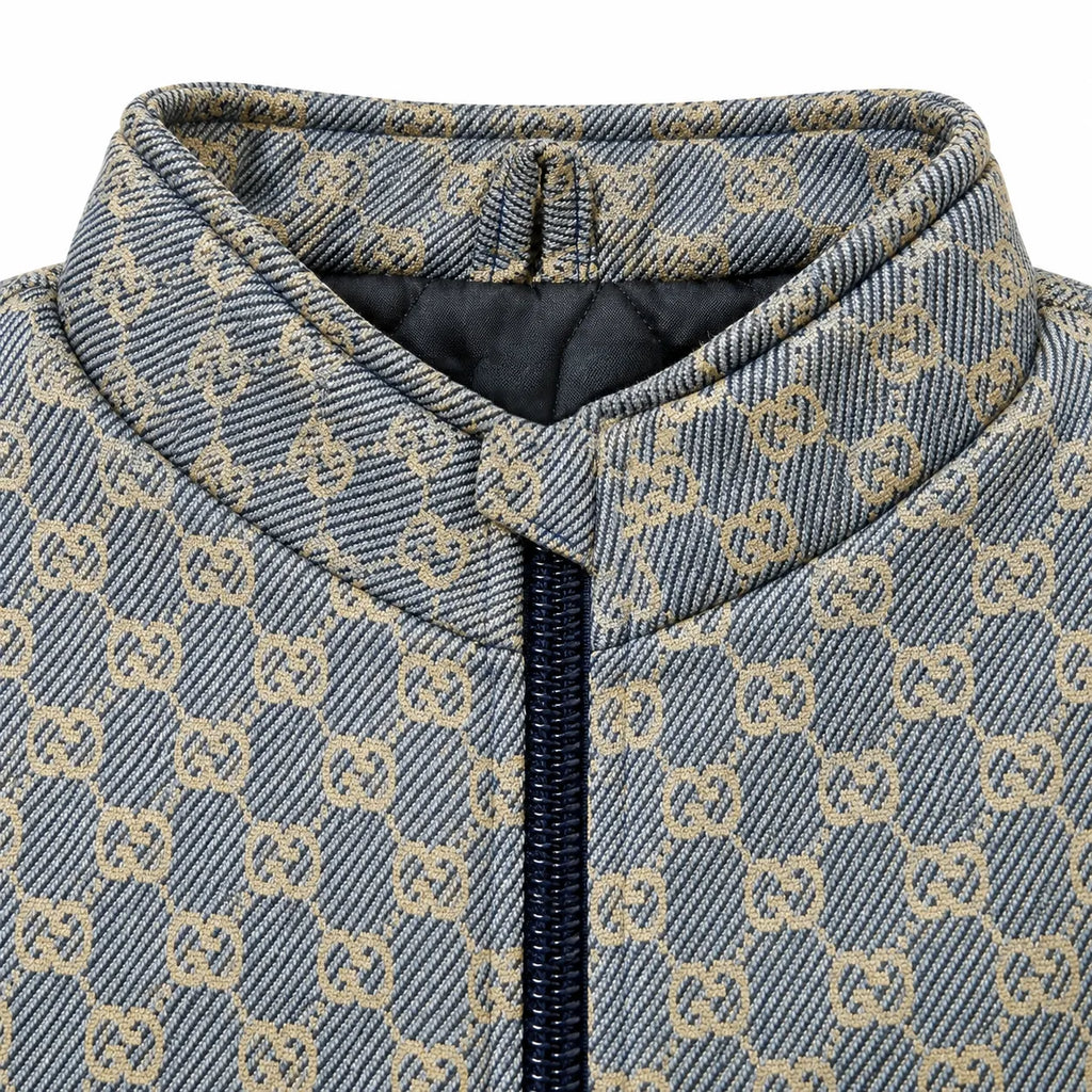 Grey & Beige GG Monogram Jacquard Knit Zip-Up Jacket