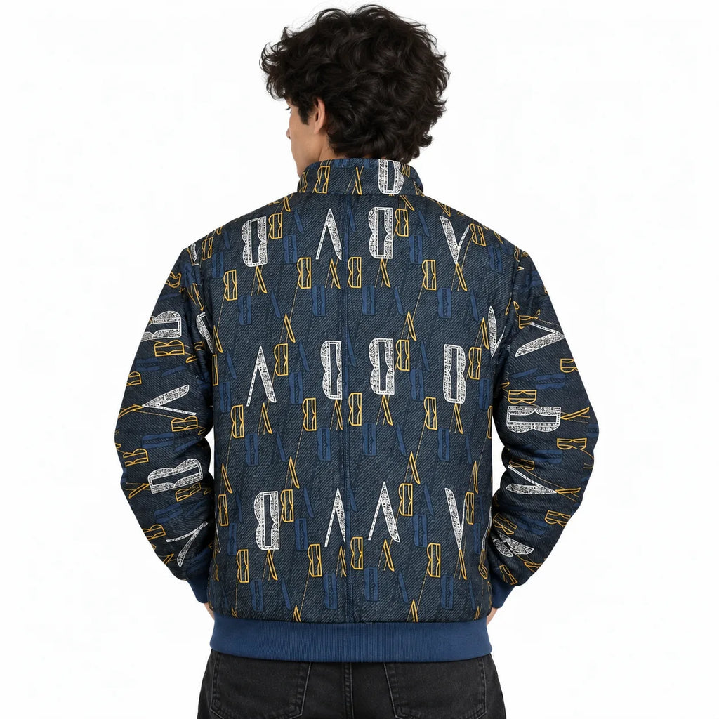 Unisex Navy Blue Letter Print Cotton Zip-Up Jacket