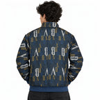 Unisex Navy Blue Letter Print Cotton Zip-Up Jacket