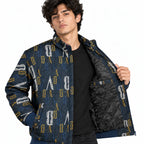 Unisex Navy Blue Letter Print Cotton Zip-Up Jacket