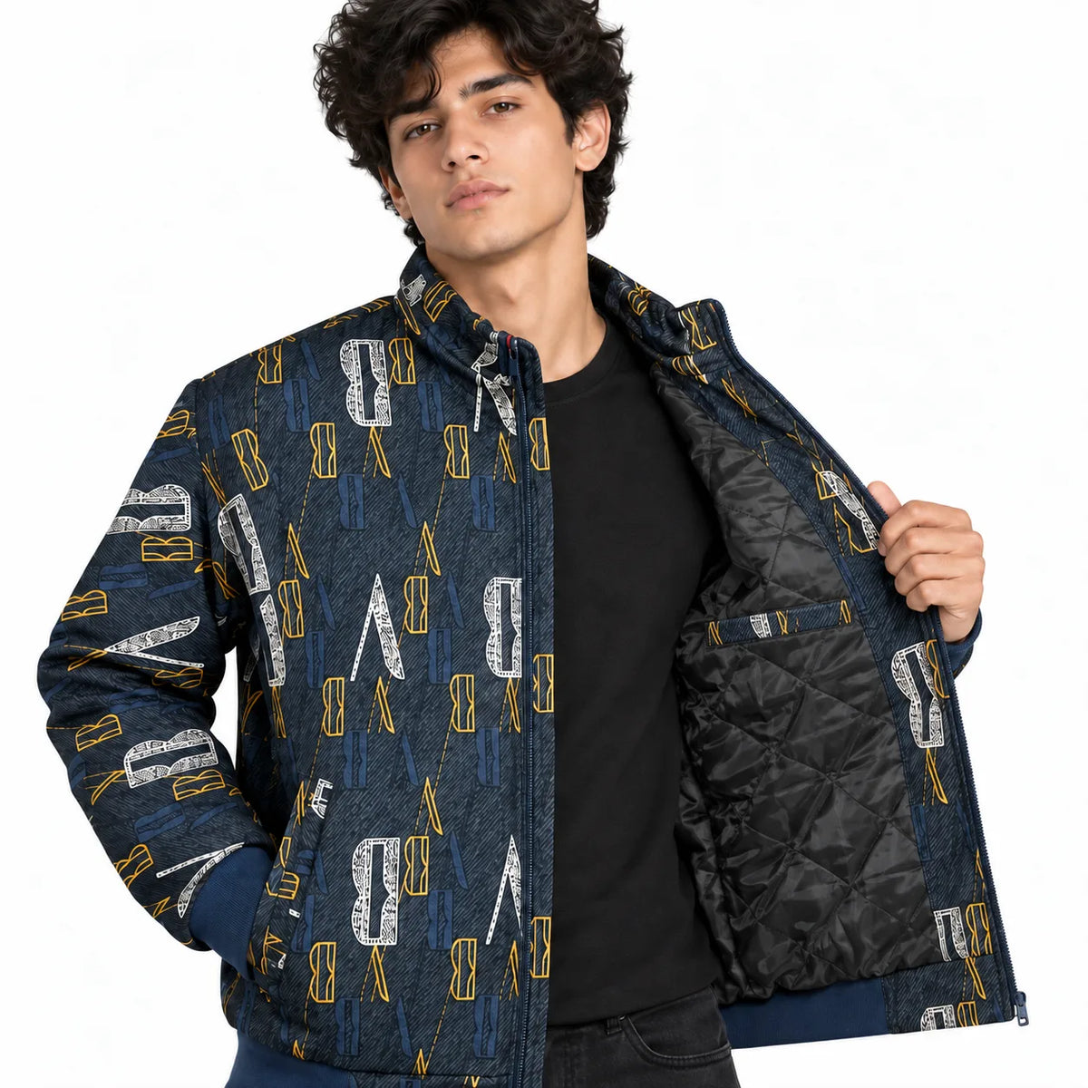 Unisex Navy Blue Letter Print Cotton Zip-Up Jacket