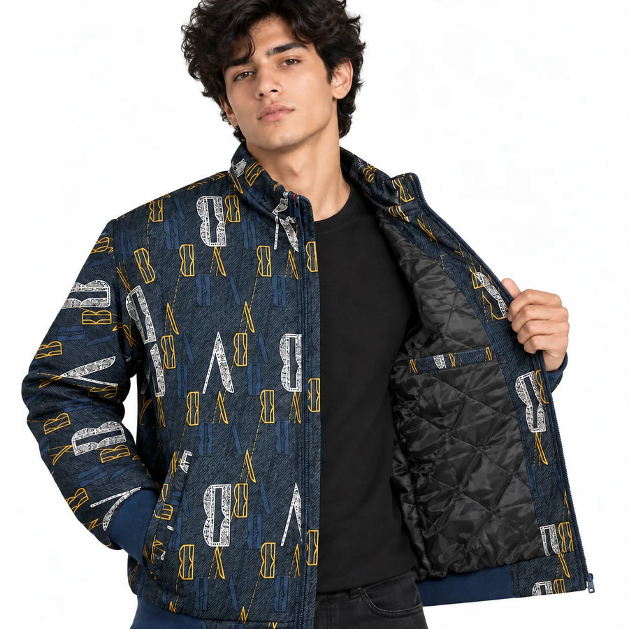 Unisex Navy Blue Letter Print Cotton Zip-Up Jacket